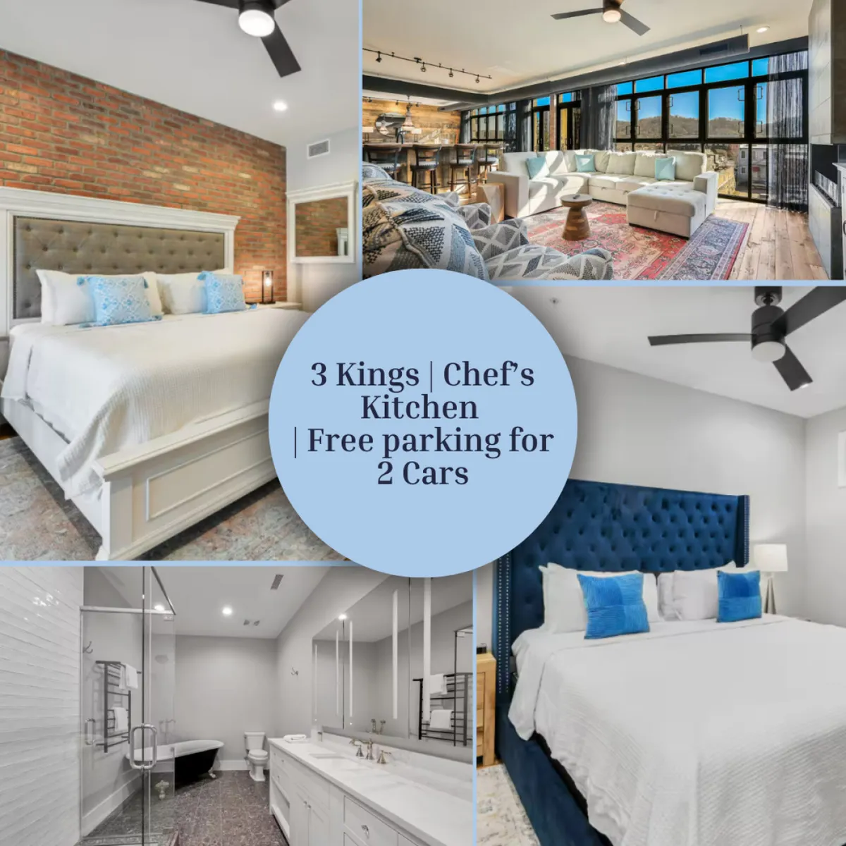 The hero image showcases a spacious, light-filled living area with floor-to-ceiling windows offering city views, a stylish exposed brick bedroom with plush king bedding, a gourmet chef’s kitchen with premium appliances, and modern bathrooms with sleek fixtures. The scene exudes comfort and sophistication, inviting guests to relax, entertain, and enjoy downtown Asheville’s vibrant atmosphere from a luxurious home base.